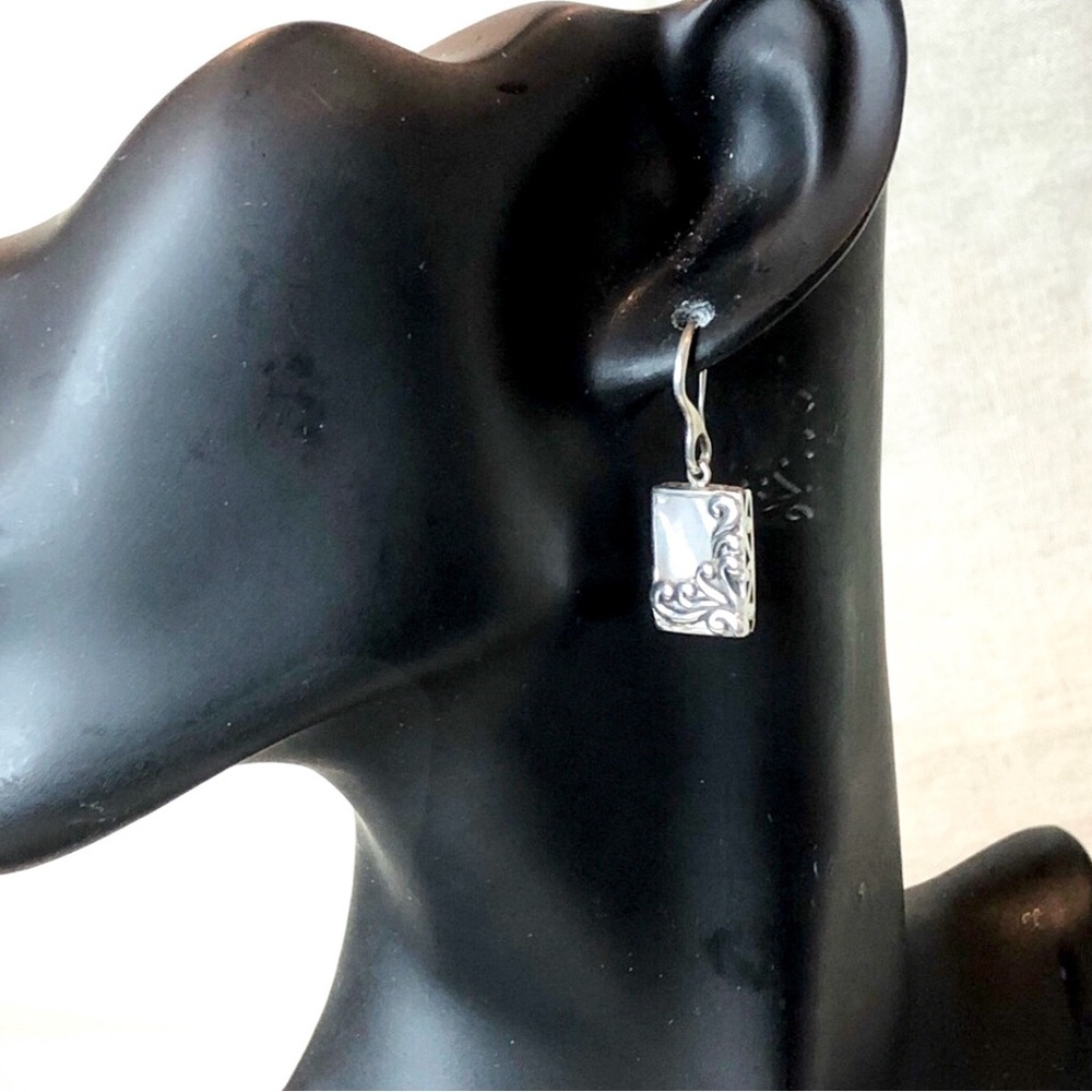 LOIS HILL Sterling Silver Mother of Pearl Cabochon Scroll Overlay & Scroll Bezel